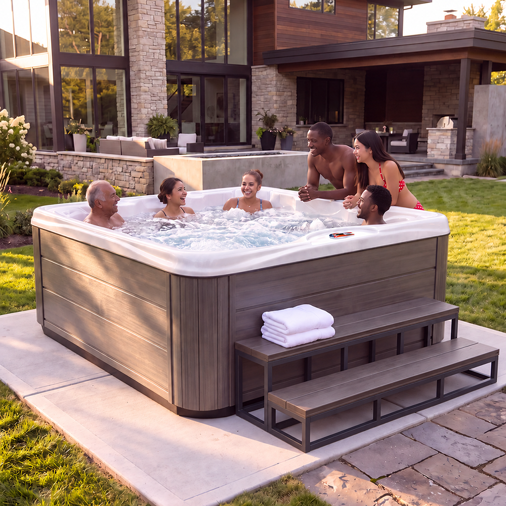 Industrial Strength 7 person 40-jet acrylic bench hot tub with 24 hour filtration. 240V w/60” Step & Cover Lift Included