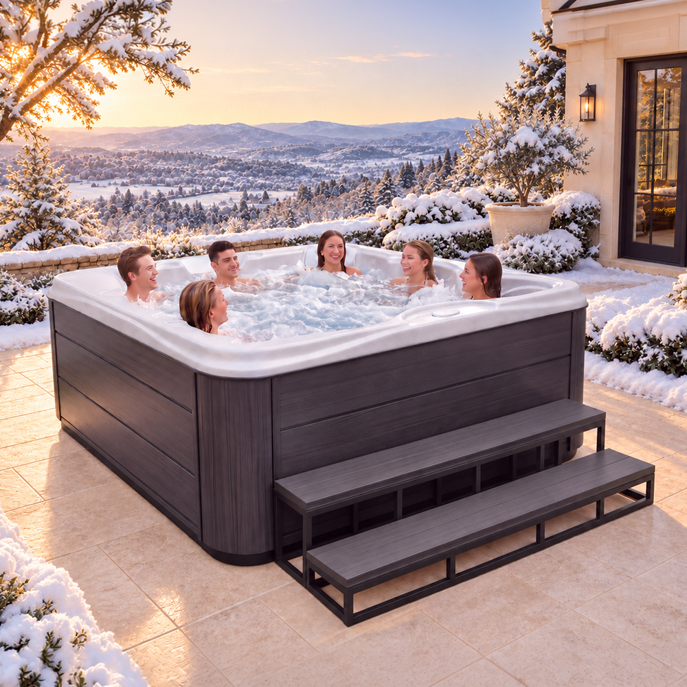 Industrial Strength 6 person 40-jet acrylic lounger hot tub with 24 hour filtration. 240V w/60” Step & Cover Lift Included