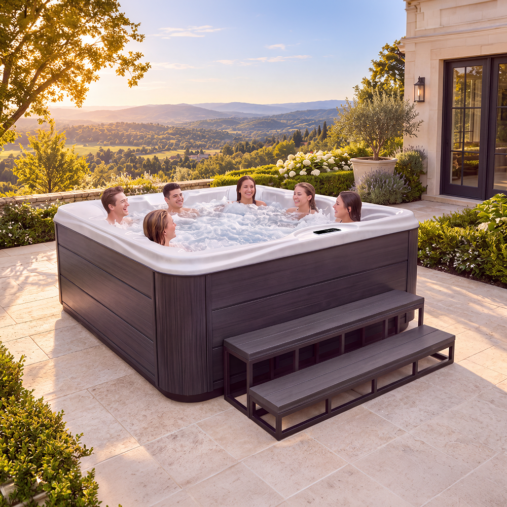 Industrial Strength 6-Person 40-Jet Acrylic Lounger Hot Tub with Advanced Eco+ Filtration Water Care System, 60” Step & Cover Lift Included