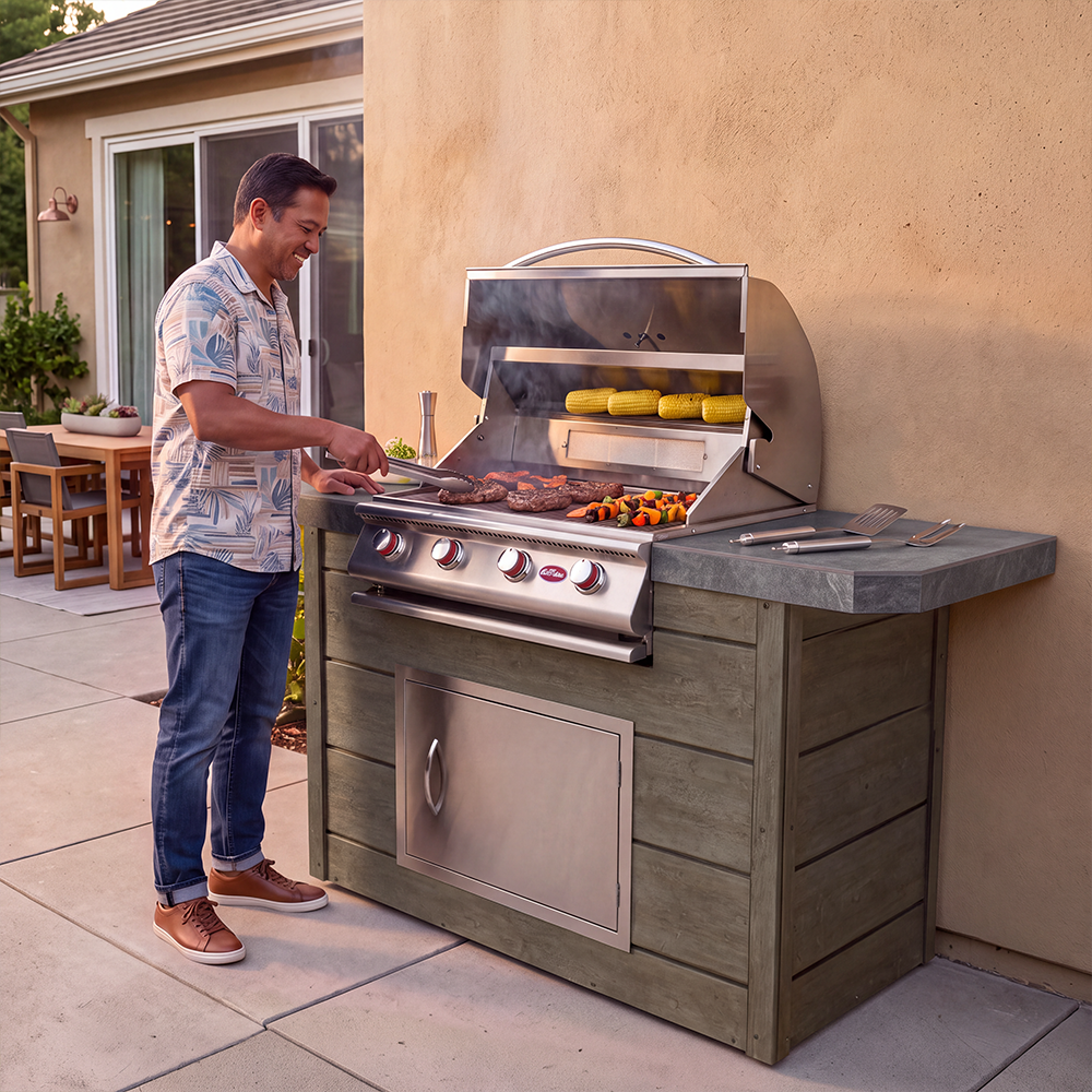 Industrial Strength 6 Foot BBQ Island with a 4-Burner Propane Gas Grill and Synthetic wood siding