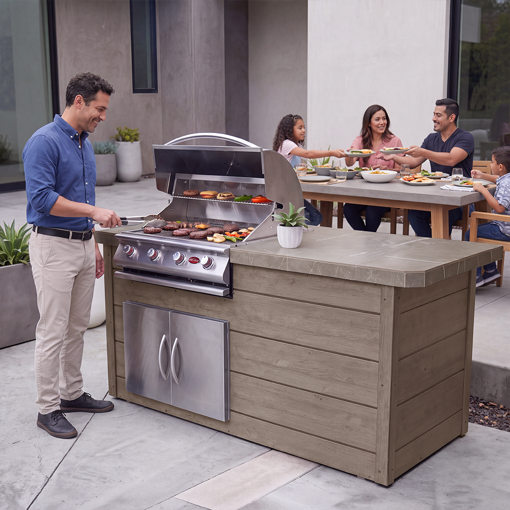 Industrial Strength 7-Foot BBQ Island with 4-Burner Propane Gas Grill, 27" Access Door, Porcelain Tile Countertop & Synthetic Wood Siding