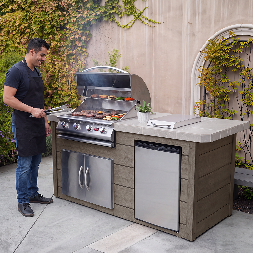 Industrial Strength 7 Foot BBQ Island with 4-Burner Propane Gas Grill and Synthetic wood siding